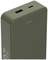 Eine grüne tragbare Powerbank mit USB-Ausgang und -Eingang. Oben sind vier LEDs zur Anzeige des Ladezustands.