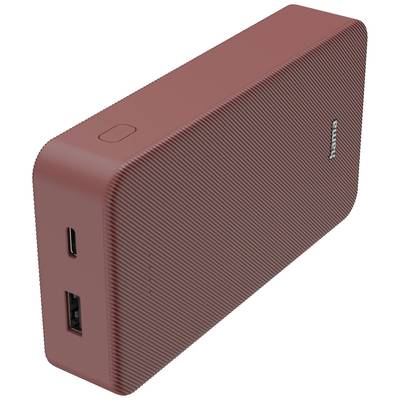 Eine rote tragbare Powerbank mit USB-A- und USB-C-Anschlüssen an der Seite. Geeignet zum Aufladen mobiler Geräte unterwegs.