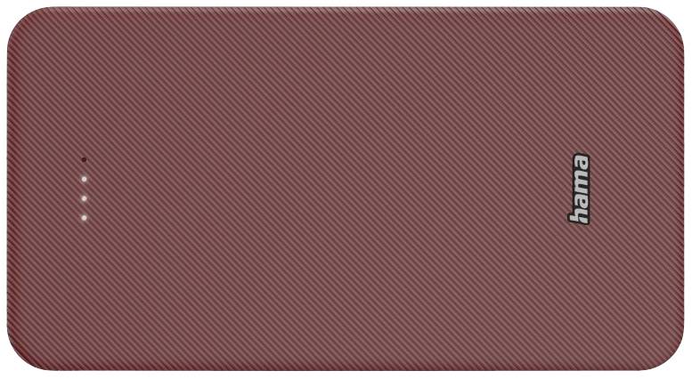 Eine rosa Powerbank mit vier kleinen LED-Anzeigen links und das Logo 'hama' rechts.