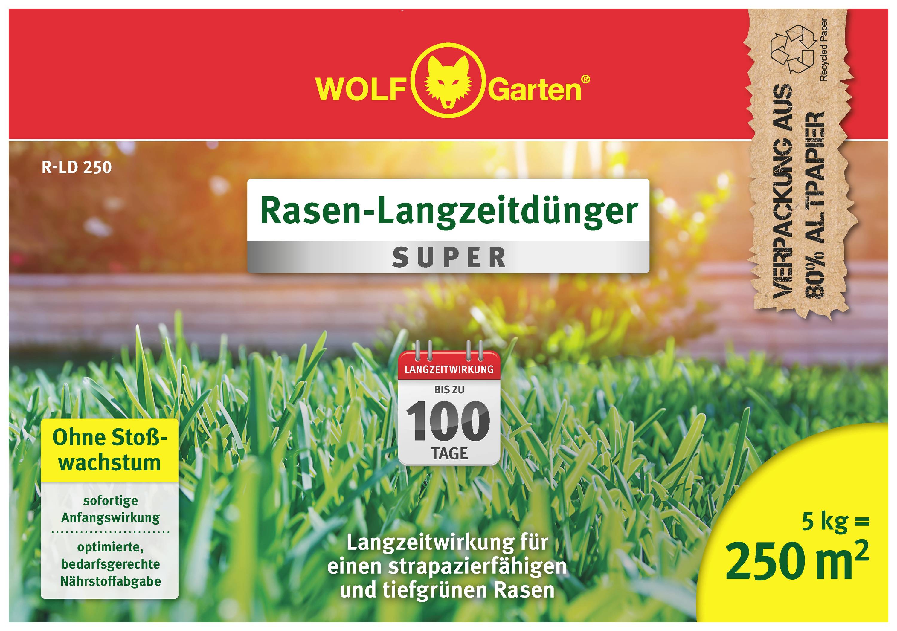 Verpackung von 'WOLF Garten Rasen-Langzeitdünger', 5 kg für 250 m². Verspricht bis zu 100 Tage Langzeitwirkung für robusten Rasen. Verpackung aus 80% Altpapier.