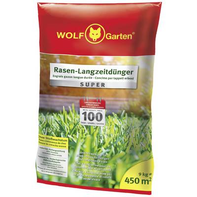 'WOLF Garten Rasen-Langzeitdünger SUPER'; lange Wirkung für 100 Tage auf 450 m²; enthält keinen Stoßwachstumseffekt.
