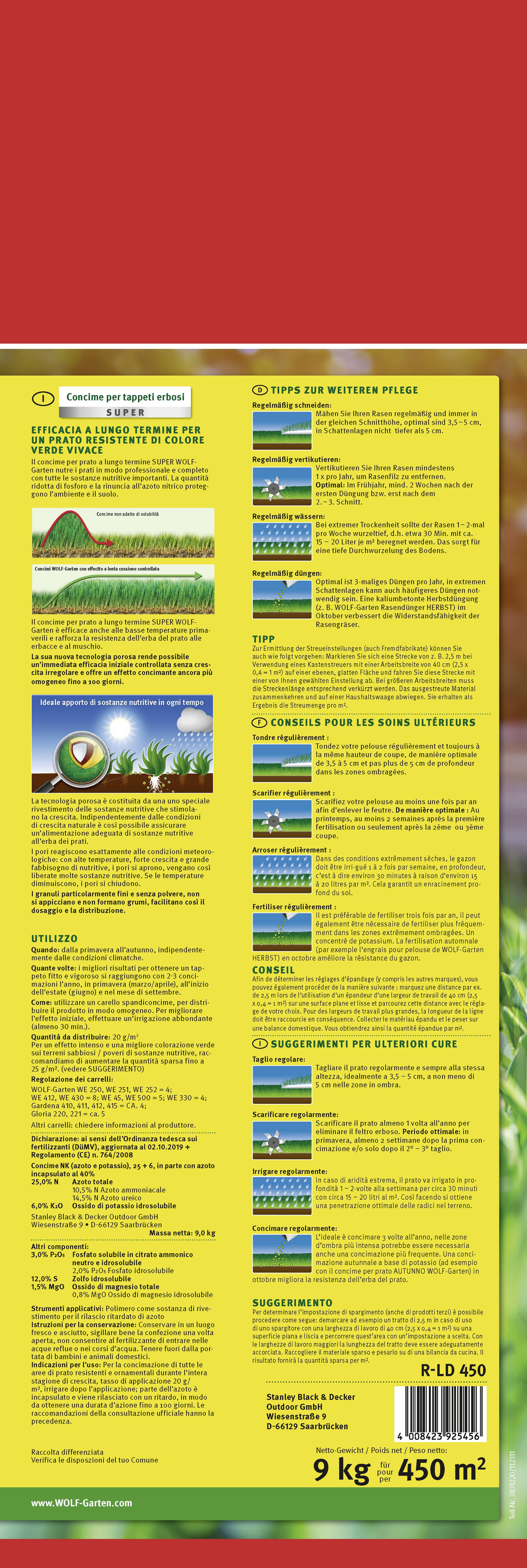 Das Bild zeigt die Rückseite einer Verpackung für Rasendünger auf Englisch und Französisch. Es gibt Anweisungen und Anwendungstipps.