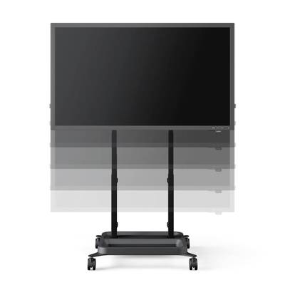 Ein höhenverstellbarer Monitor auf einem mobilen Ständer mit Rädern, dargestellt in verschiedenen Höhenpositionen.
