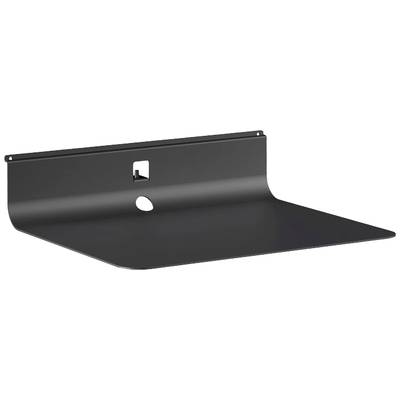 Ein schlichtes schwarzes Regal, das an der Wand montiert werden kann, mit einer Öffnung in der Mitte zur Kabeldurchführung.