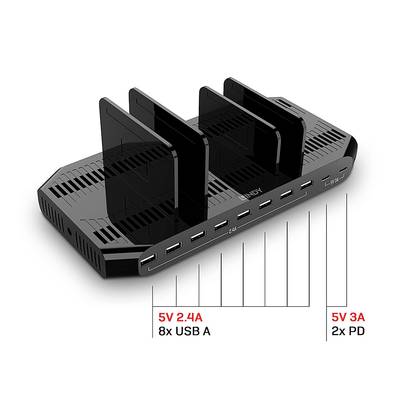 'Schwarzes Ladegerät mit 8 USB-A-Ports und 2 PD-Anschlüssen. Beschriftungen zeigen Stromstärken: 5V 2.4A für USB, 5V 3A für PD.'