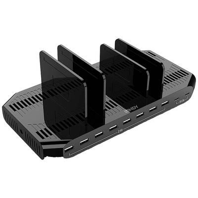 Schwarzes USB-Ladegerät mit fünf Buchsen und vier Trennwänden zum Laden mehrerer Geräte gleichzeitig. Markierung '2.4A' auf einigen Anschlüssen.