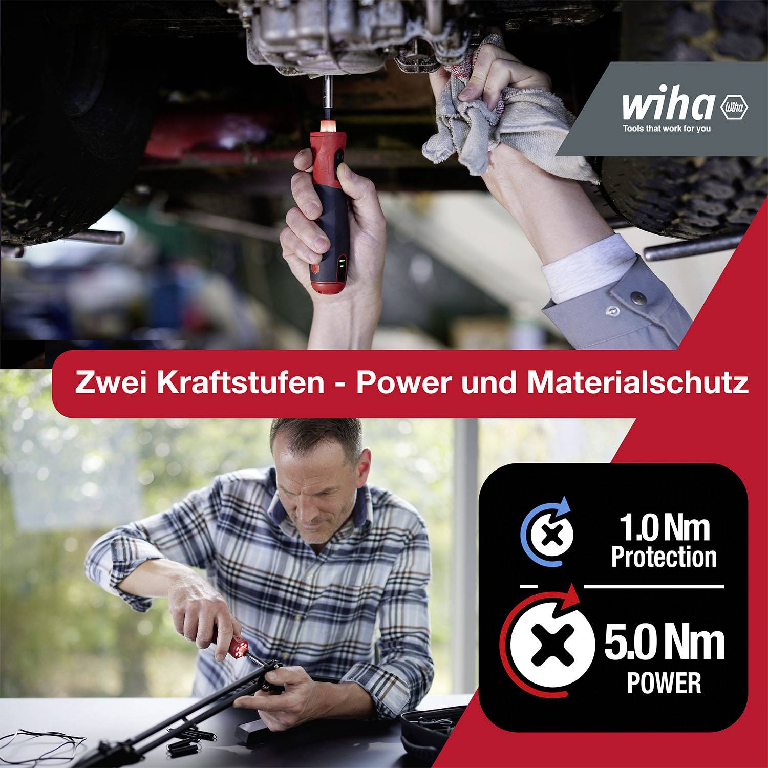 'Ein Mann stellt ein Elektrowerkzeug ein. Zwei Kraftstufen: 1,0 Nm (Protection) und 5,0 Nm (Power).'