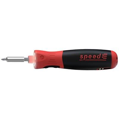 Ein roter und schwarzer elektrischer Schraubendreher mit der Aufschrift 'speedE' auf dem Griff.