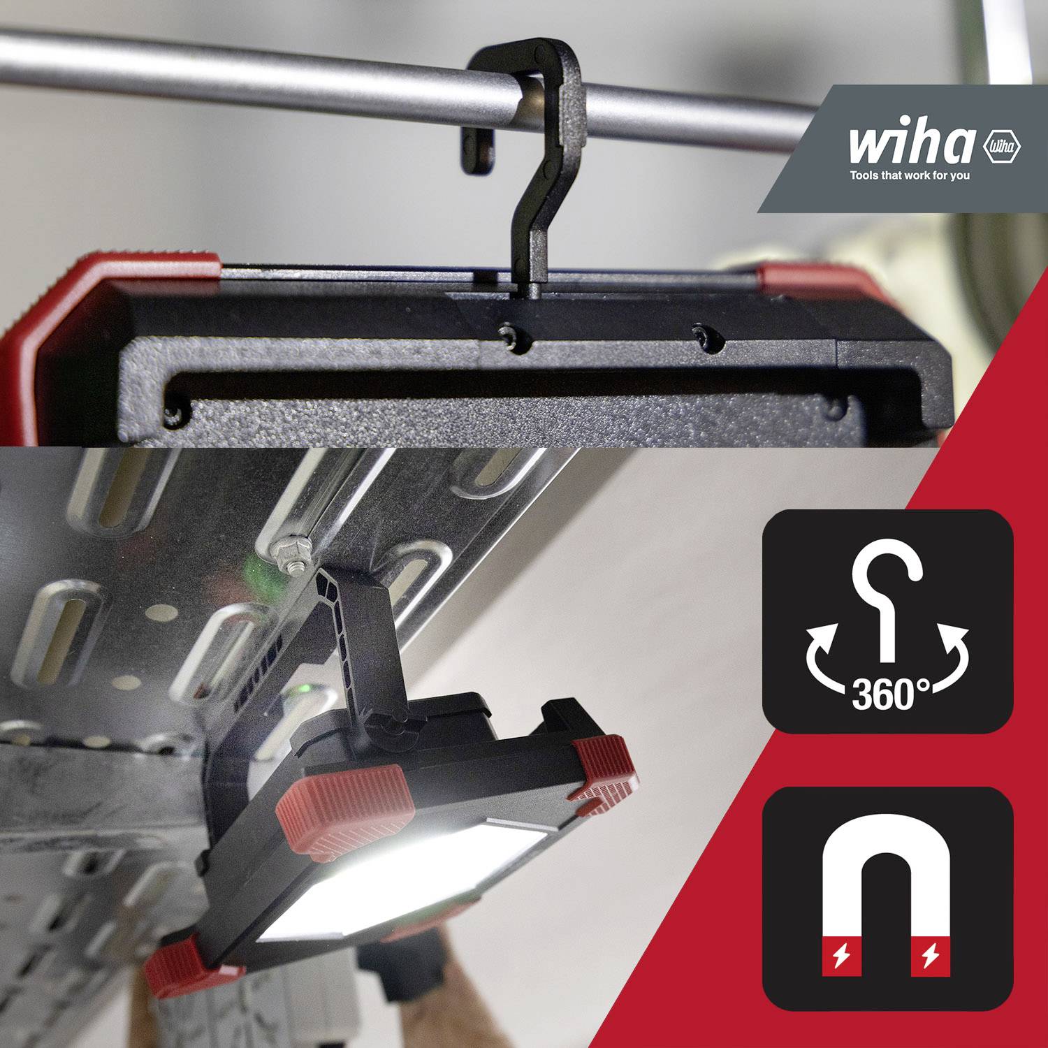 Eine leuchtende Baustellenlampe hängt an einem Rohr, beleuchtet von unten, mit einem Haken, der 360 Grad drehbar ist. Logo 'Wiha'.