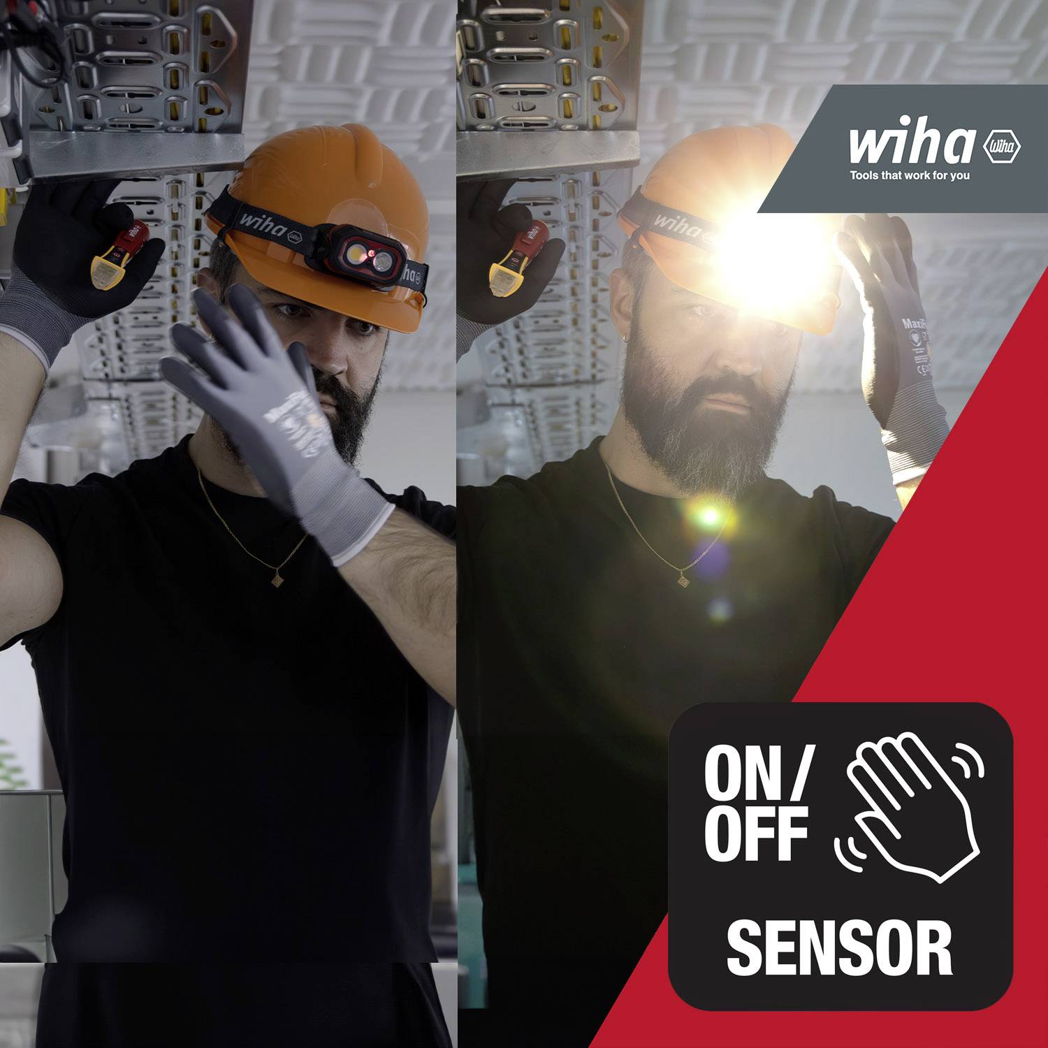 'Wiha'-Werbung: Zwei Bilder nebeneinander von Elektrikern mit Stirnlampen. Links wird die Lampe manuell aktiviert, rechts Sensor-Funktion.
