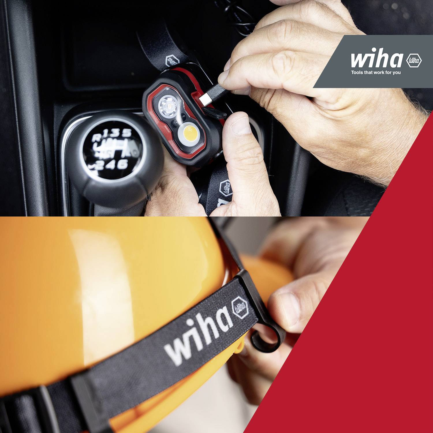 Person montiert eine kleine Kappe auf einen Akku mit Schraubendreher bei Auto. Logo 'wiha' oben rechts und an Helm sichtbar.