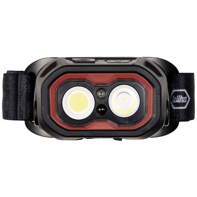 Eine schwarze Stirnlampe mit zwei großen LED-Leuchten, darunter eine kleinere mittige Linse, auf einem verstellbaren Band.