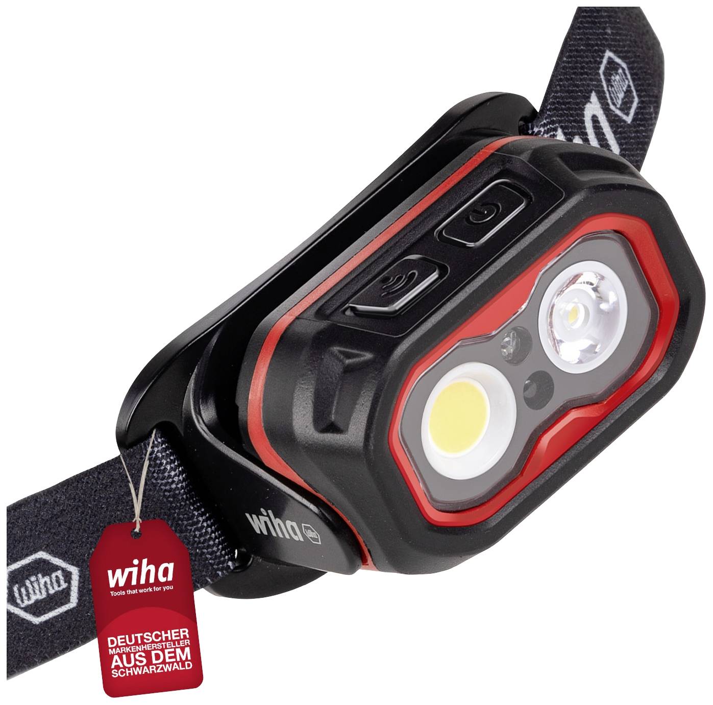 Kopflampe mit zwei Lichtquellen auf einem elastischen, schwarzen Stirnband, rote Akzentuierung, Marke 'Wiha', Schild 'Deutscher aus dem Schwarzwald'.