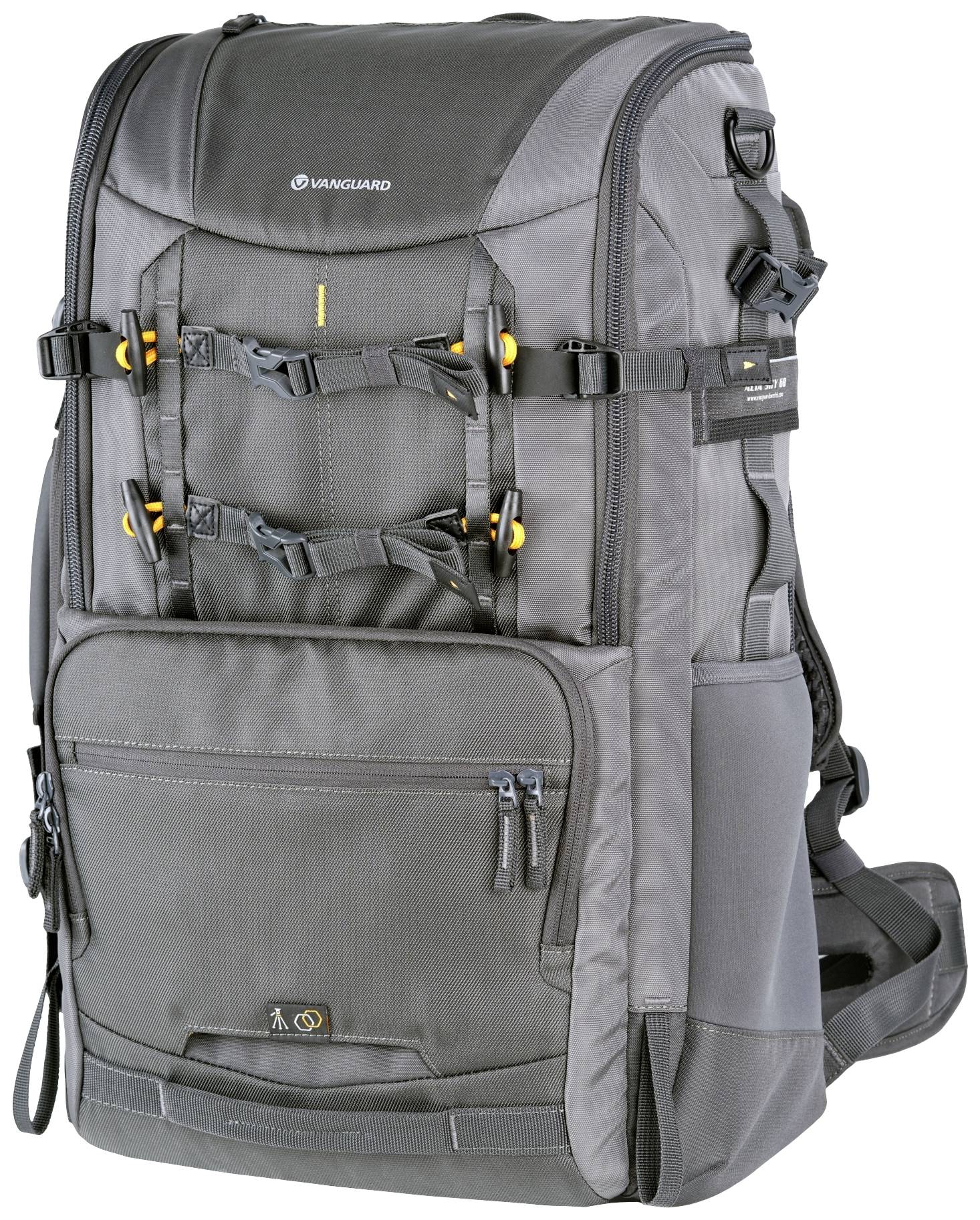 Grauer, großer Rucksack mit mehreren Reißverschlusstaschen und gelben Schnallen. Idealer Rucksack für Reisen oder Outdoor-Aktivitäten.
