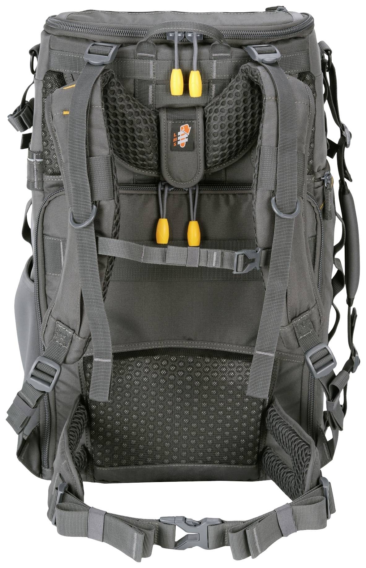 Schwarzer Wanderrucksack mit verstellbaren Gurten und gepolstertem Rücken. Oben mehrere Gurte und vier orangefarbene Zuglaschen. Ideal für Outdoor-Aktivitäten.