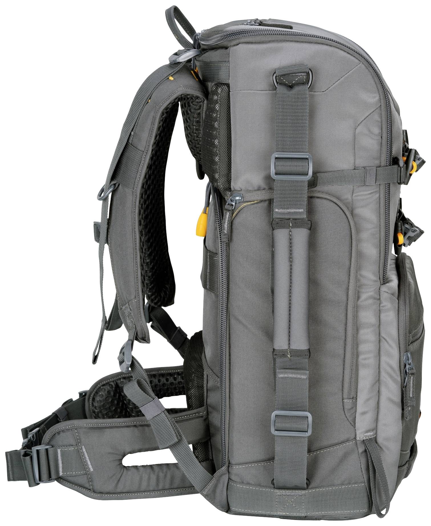 Grauer Wanderrucksack mit ergonomischem Design und gepolsterten Schultergurten, seitlich gesehen. Geeignet für Outdoor-Aktivitäten.