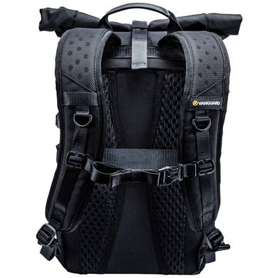 Schwarzer Rucksack mit gepolsterten Trägern, mehreren Schnallen und Markenlogo.