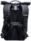 Schwarzer Rucksack mit gepolsterten Trägern, mehreren Schnallen und Markenlogo.