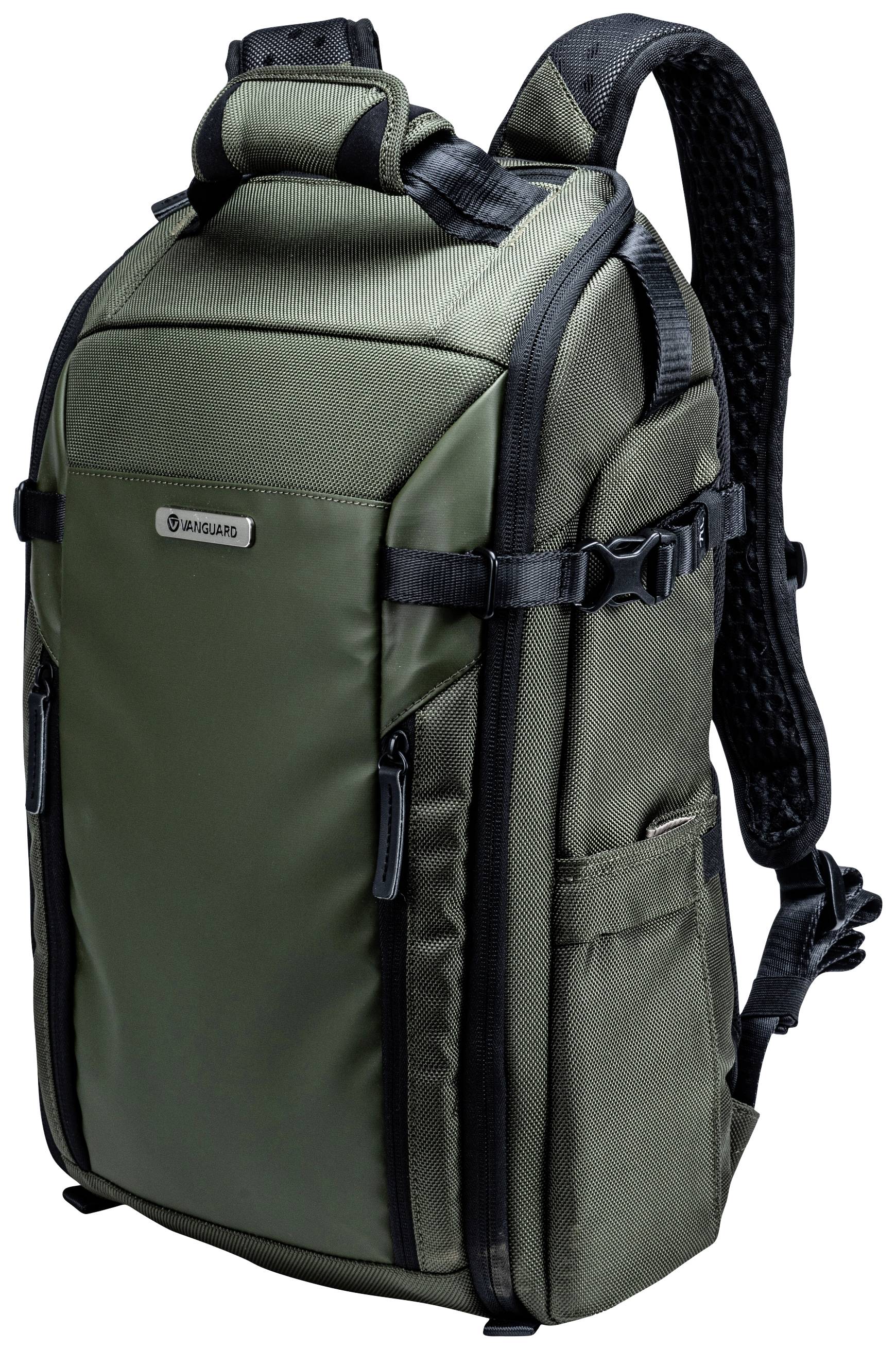 Ein olivgrüner, kompakter Rucksack mit mehreren Fächern und verstellbaren Trägern. Ideal für Kameraausrüstung und Outdoor-Aktivitäten.