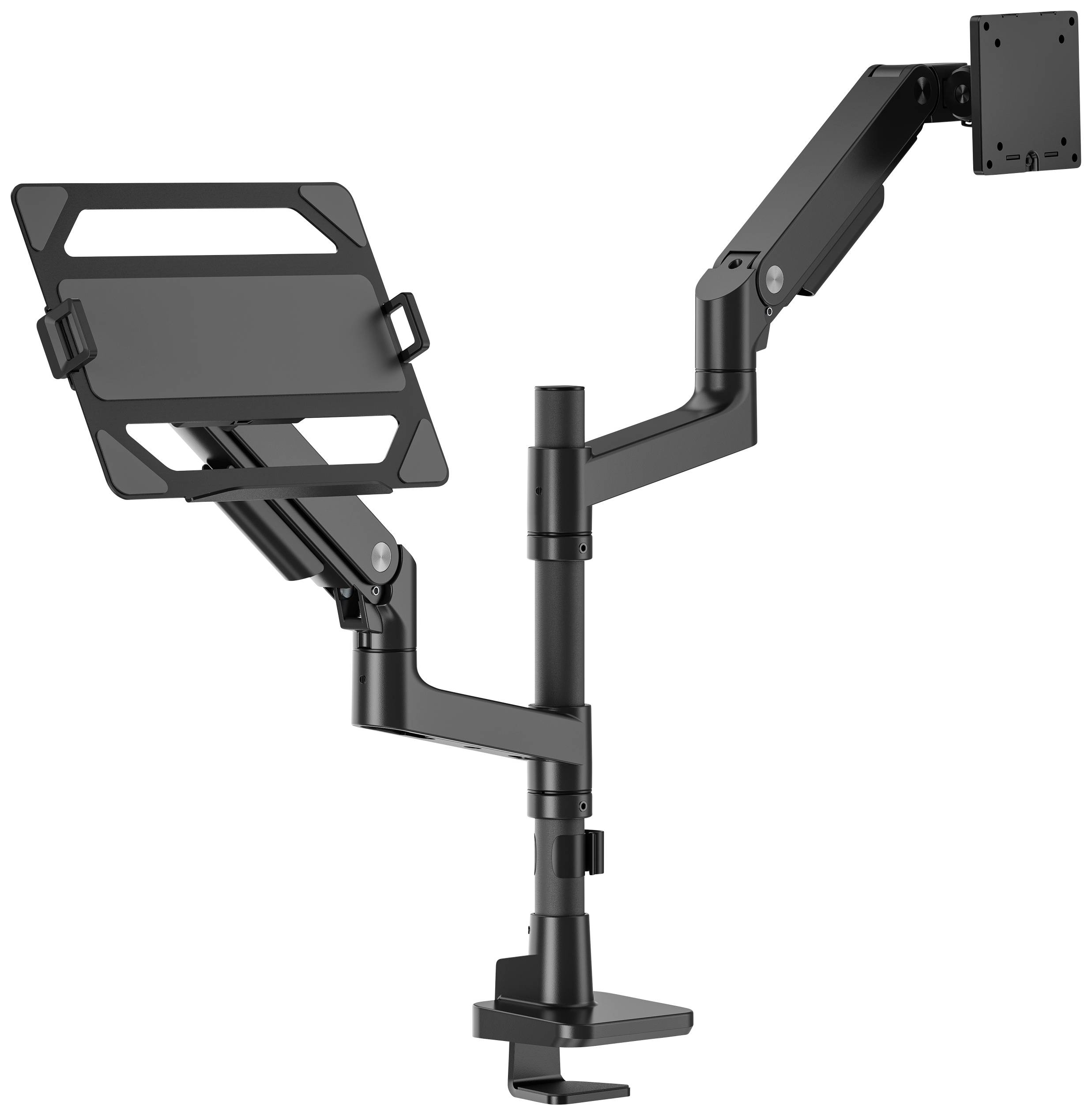 Ein schwarzer, verstellbarer Monitor- und Laptop-Halterungsarm aus Metall mit zwei Gelenkarmen für ergonomische Arbeitsplätze.
