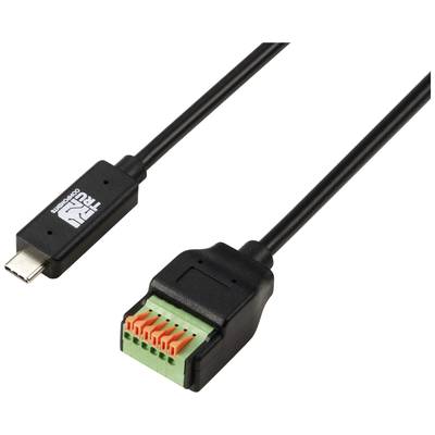 'USB-C auf Terminalblock Adapterkabel' zeigt links einen USB-C-Stecker und rechts einen Terminalblock mit farbkodierten Anschlüssen.