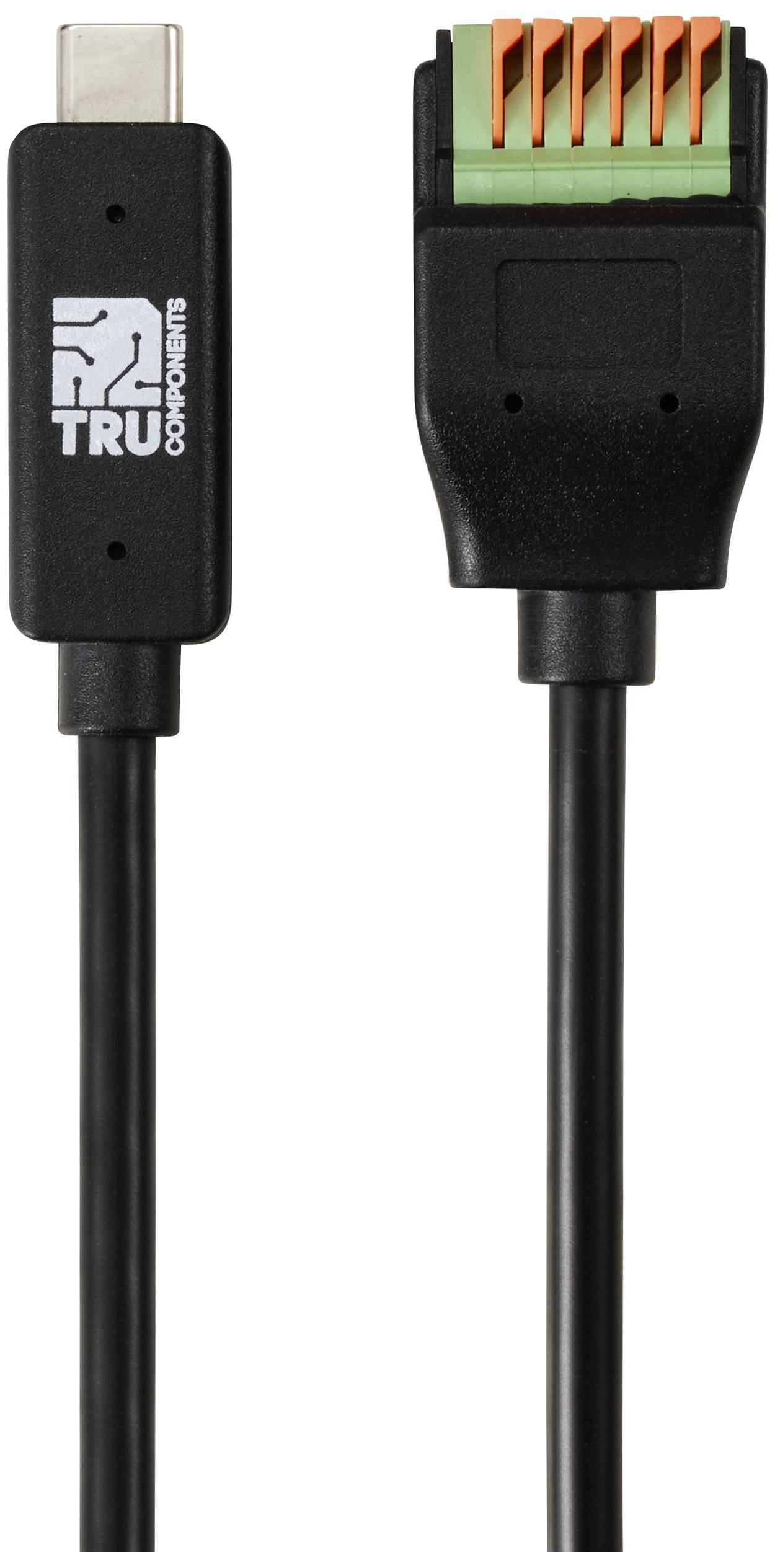 USB-C-zu-Pluggable-Kabeladapter, schwarz, mit fünf orangefarbenen Anschlüssen. Links ist der USB-C-Stecker, rechts der Pluggable-Anschluss.