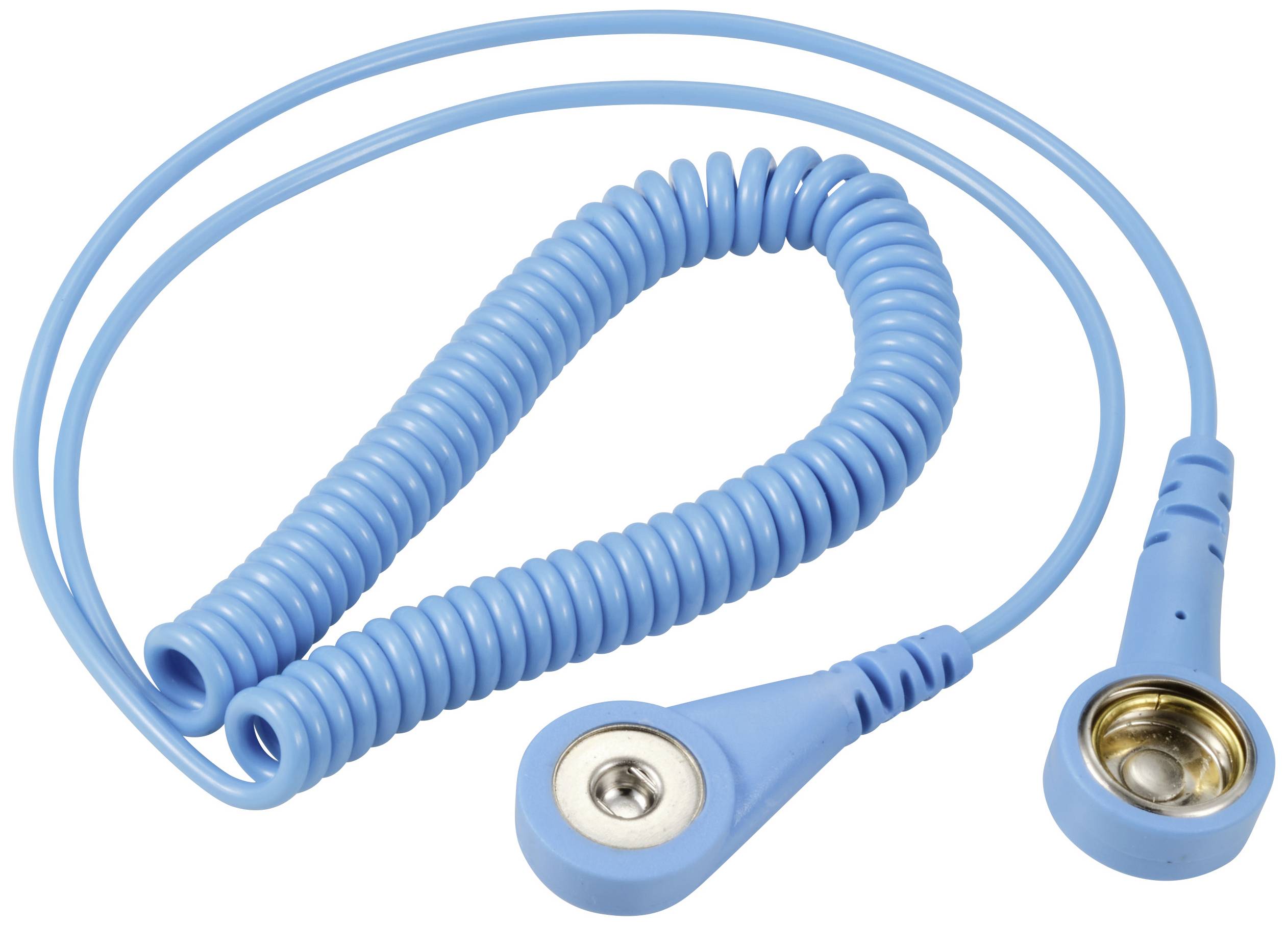 Hellblaues Kabel mit spiralförmigem Design, hat an einem Ende einen magnetischen Anschluss. Geeignet für medizinische Geräte.