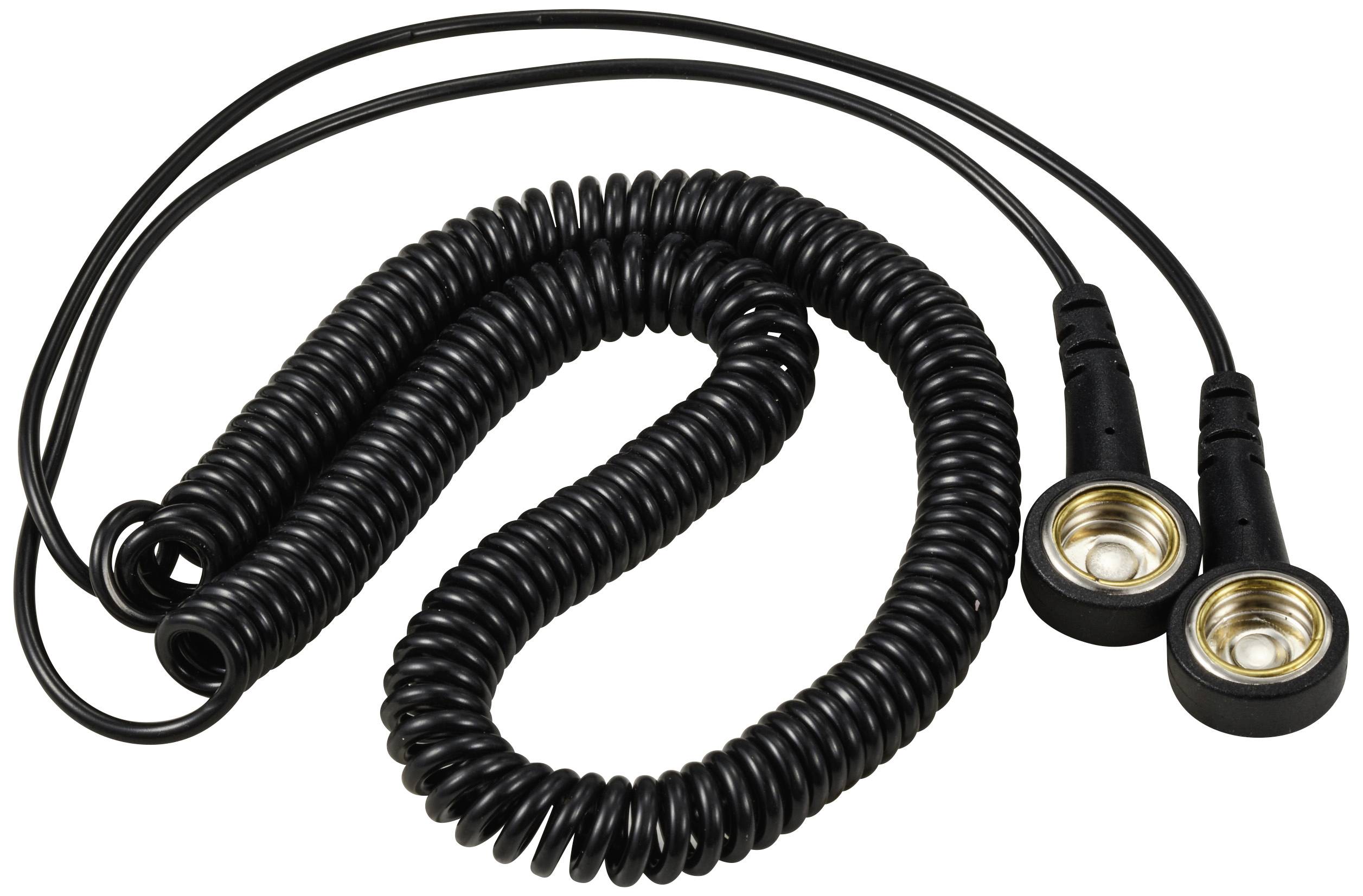 Schwarzes Spiralkabel mit zwei runden Anschlüssen am Ende, möglicherweise für den Einsatz in elektronischen Geräten oder Fahrzeugen.