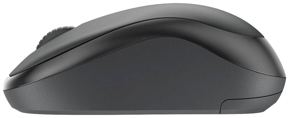 Schwarze kabellose Computermaus in seitlicher Ansicht vor weißem Hintergrund.