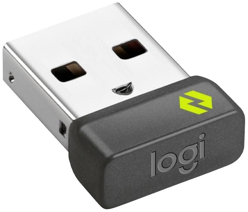 'Kleiner, grauer USB-Empfänger mit schwarzem Gehäuse. Auf dem Gehäuse ist das Logo "logi" und ein leuchtend grünes Symbol zu sehen.'