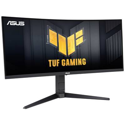 Gebogener Monitor 'ASUS TUF Gaming' mit großem Logo auf dem Bildschirm. Modernes Design, drei Standfüße, geeignet für Gaming.
