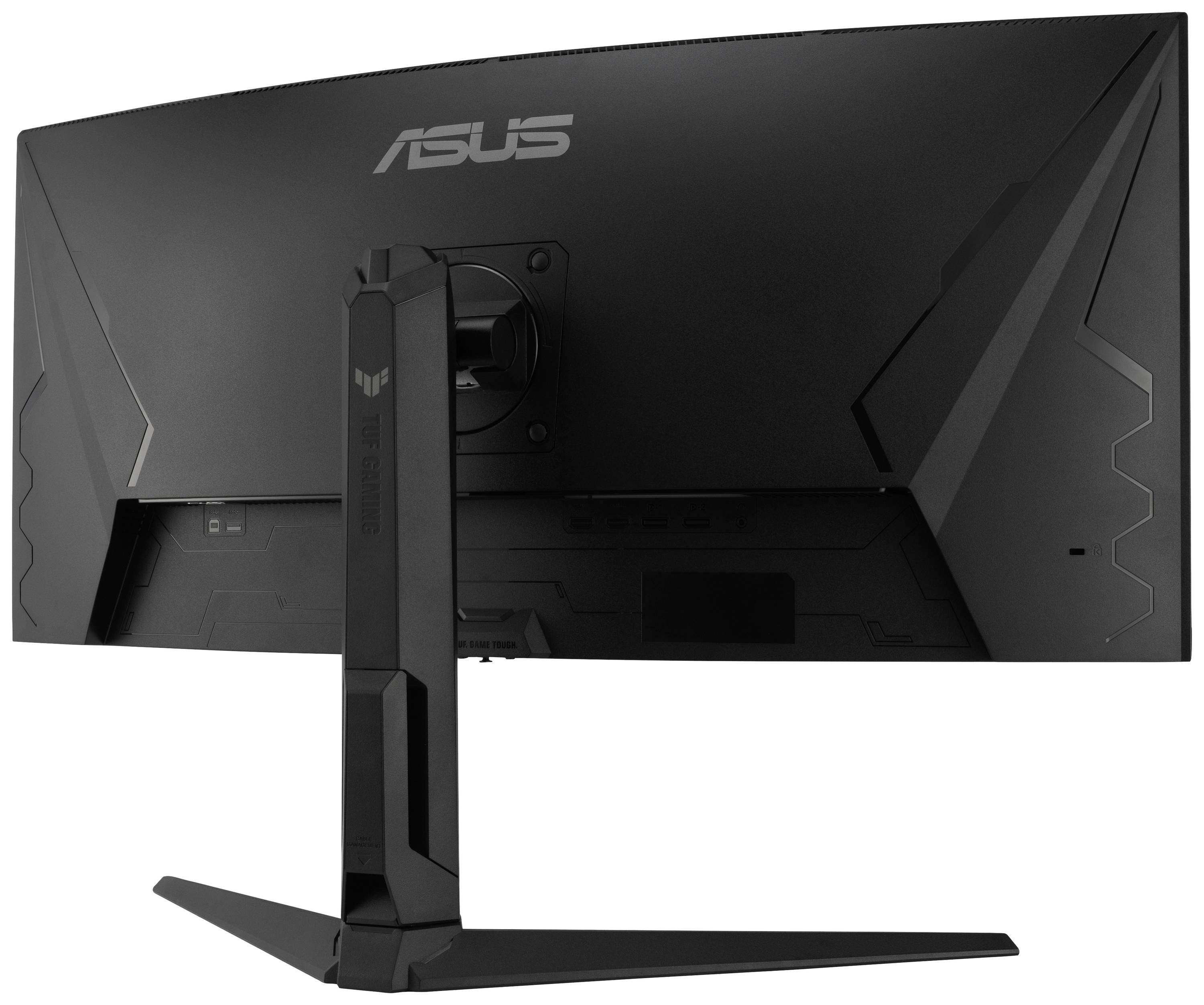 Ein schwarzer, gebogener ASUS-Monitor von hinten, auf einem Ständer montiert.