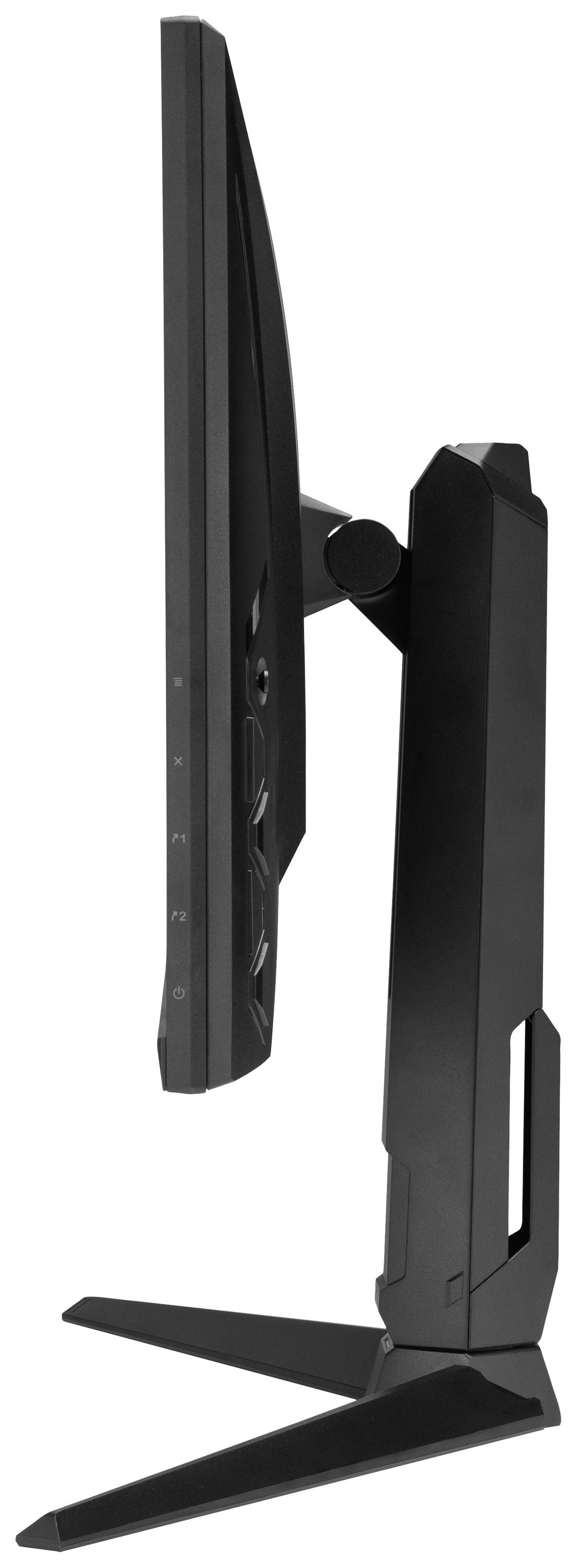 Seitenansicht eines schlanken Computermonitors mit stabilem Standfuß, leicht nach hinten geneigt, zeigt die Anschluss- und Bedienelemente.