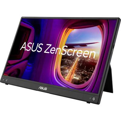 Tragbarer ASUS ZenScreen-Monitor mit einem Bild, das einen Fensterblick aus einem Flugzeug auf eine beleuchtete Stadtlandschaft zeigt.
