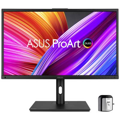 Ein ASUS ProArt OLED-Monitor mit lebendigen Farben auf dem Bildschirm, darunter ein Kalibrierungsgerät vor dem Monitor.