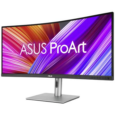 Ein gebogener ASUS ProArt Monitor mit farbenfrohen Display leuchtet. Das Logo 'ASUS ProArt' ist prominent in der Mitte zu sehen.