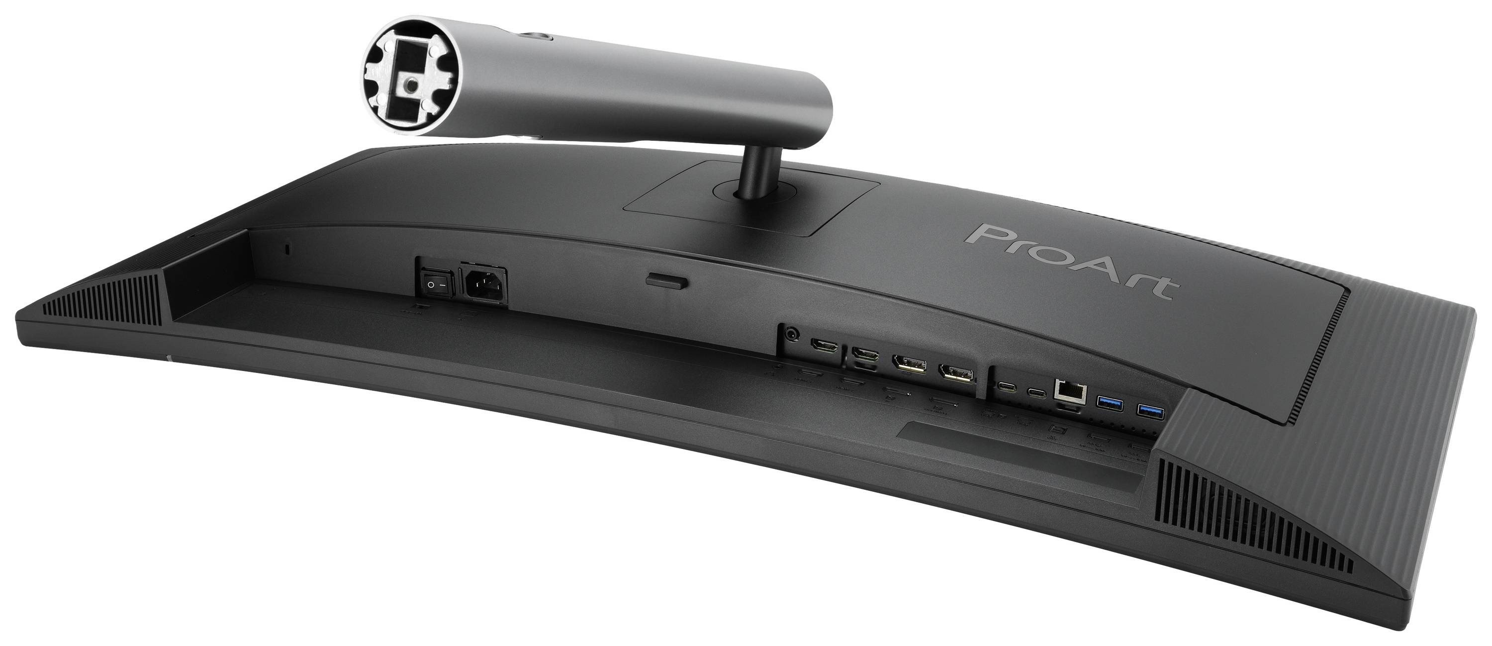 Rückseite eines Computerbildschirms mit mehreren Anschlüssen, darunter HDMI, USB und Ethernet. Ein abnehmbarer Standfuß ist zu sehen.