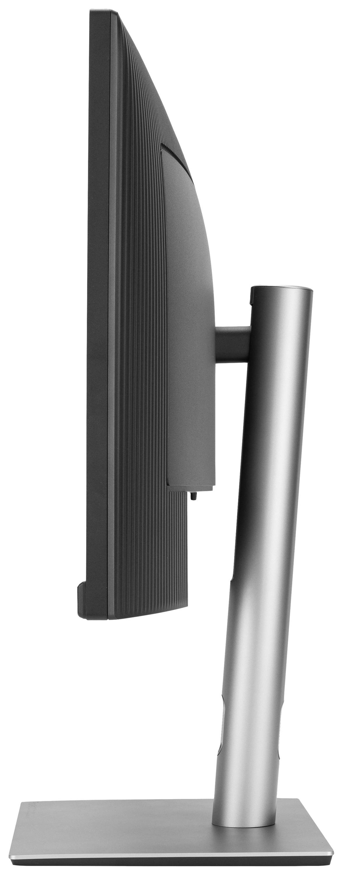 Seitenansicht eines Computerbildschirms mit dünnem Rahmen und stabilem Standfuß, betont das schlanke Design des Monitors.