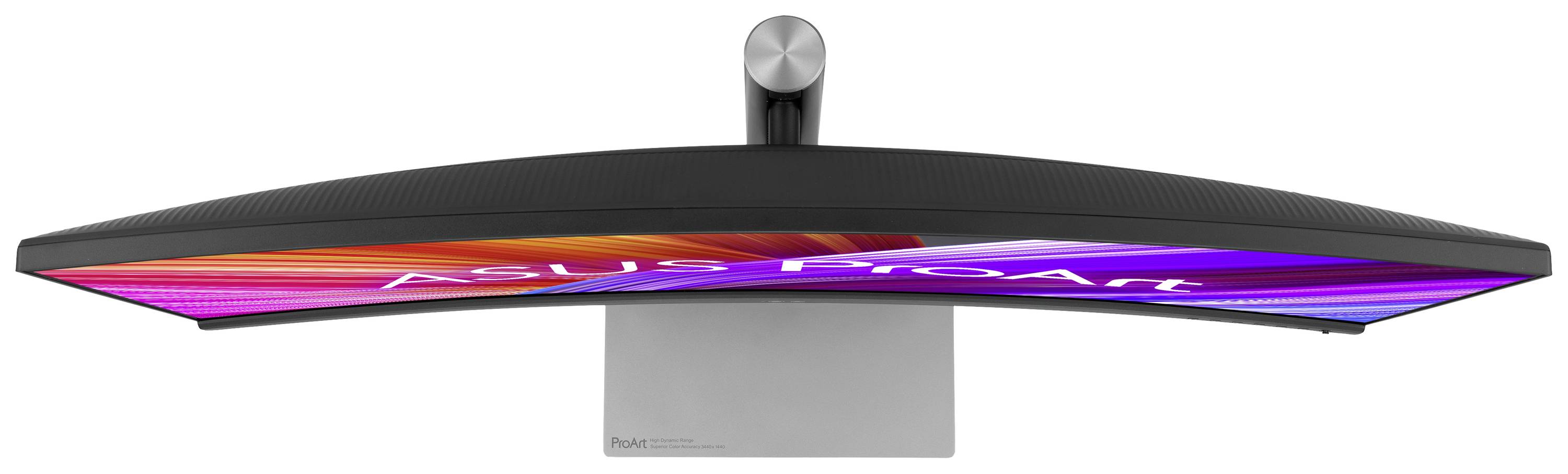 Ein gebogener Computerbildschirm von oben betrachtet, dessen Display bunte Streifen anzeigt. Der Monitor hat einen modernen Standfuß.