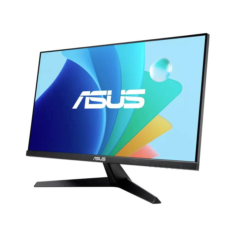 Ein ASUS Monitor mit einem schlanken Design zeigt ein farbenfrohes Bildschirmbild mit dem ASUS-Logo in der Mitte.