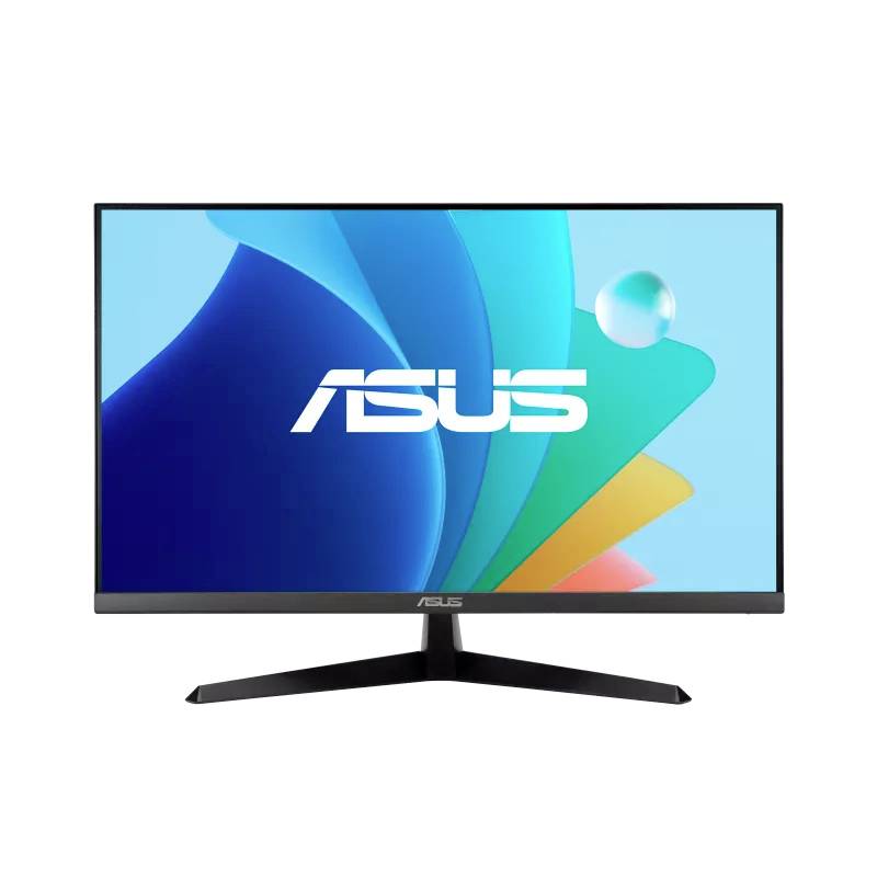 Asus-Monitor mit schmalem Rand, zeigt bunten Hintergrund. Design für minimalistische und moderne Büroumgebung.