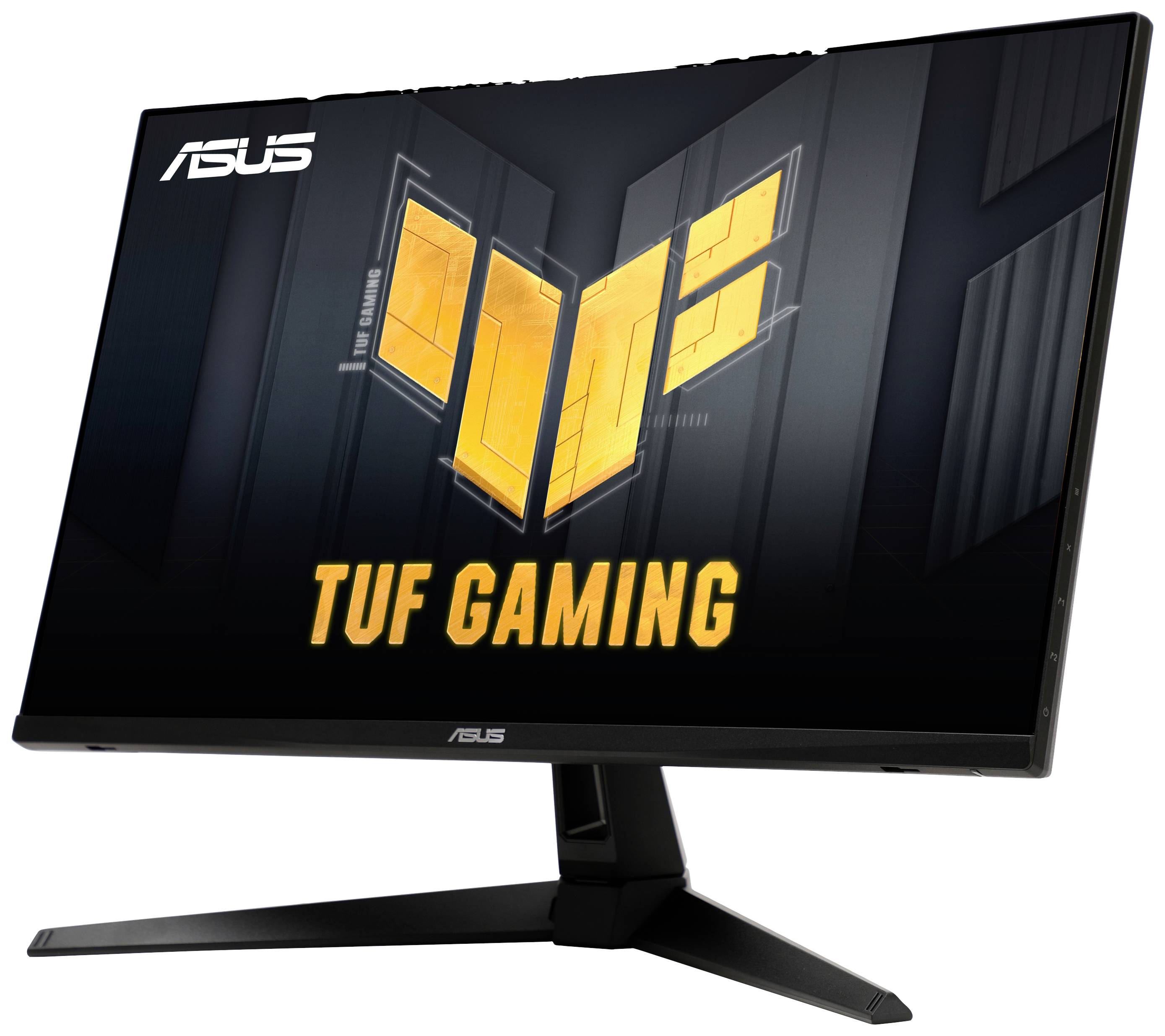 Ein ASUS TUF Gaming-Monitor, leicht geneigt, mit einem orange-gelben Logo auf dem Bildschirm, steht auf einem schwarzen Standfuß.