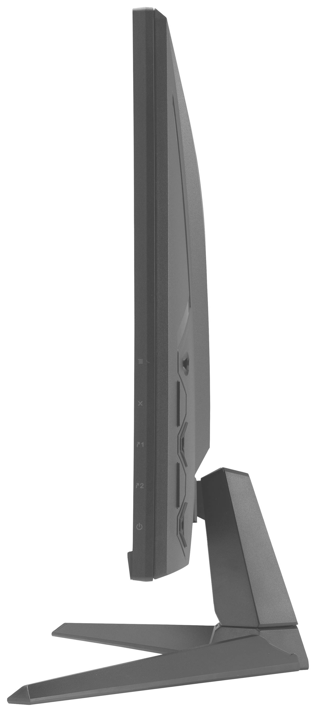 Ein seitliches Profil eines modernen Computer-Monitors auf einem Standfuß. Das schlanke Design betont die schmale Bauweise des Bildschirms.