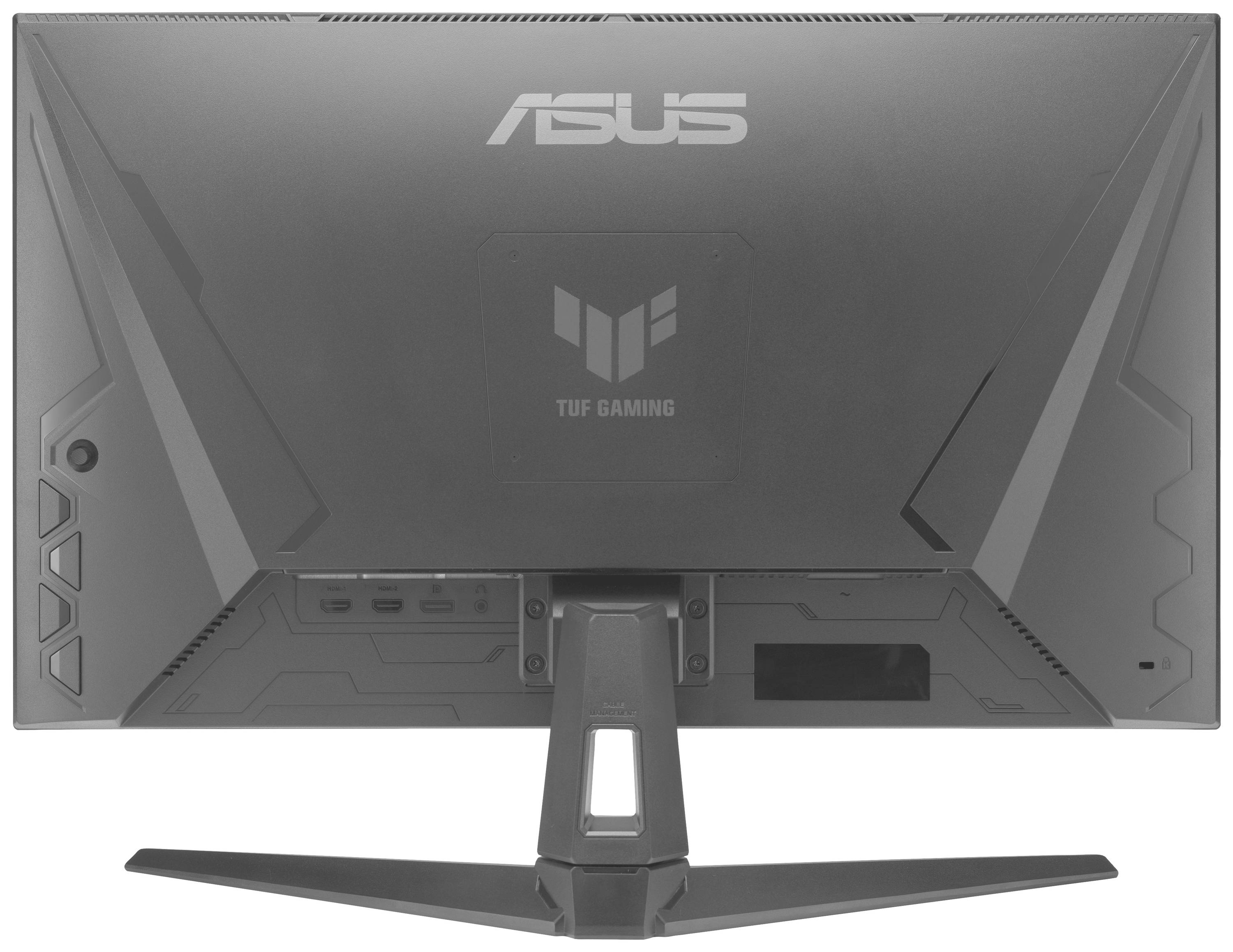 Rückseite eines ASUS TUF Gaming Monitors mit verschiedenen Anschlüssen und einem stabilen Standfuß.