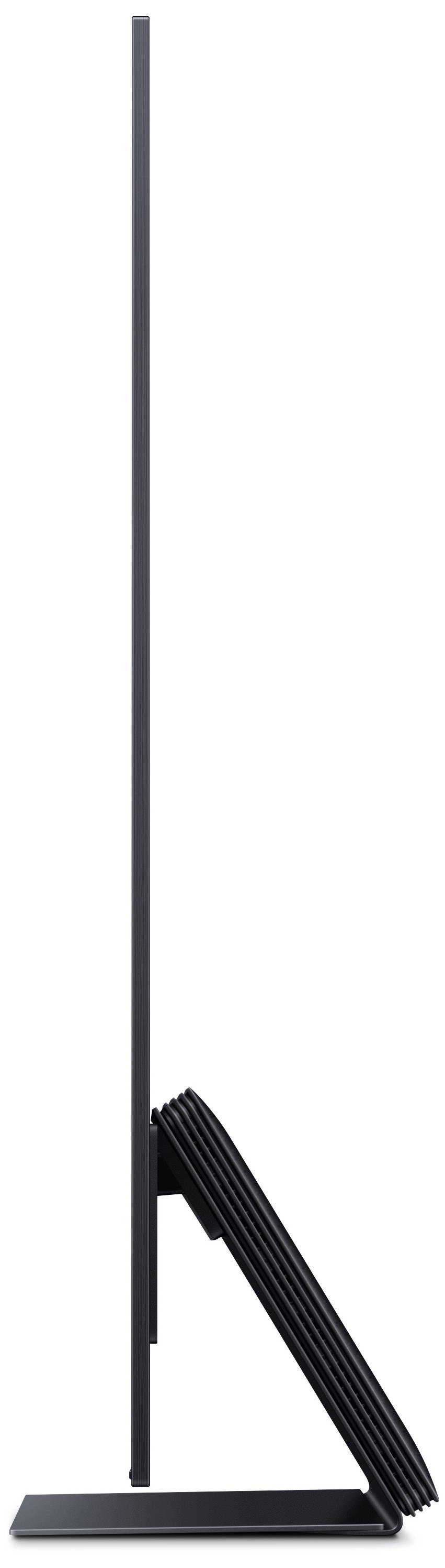 Ein ultradünner Monitor von der Seite betrachtet, zeigt ein schlankes Design auf einem stabilen Standfuß.