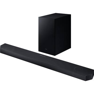 Schwarze Soundbar und passender Subwoofer auf weißem Hintergrund. Die Geräte sind schlank und modern gestaltet, ideal für Heimkino.