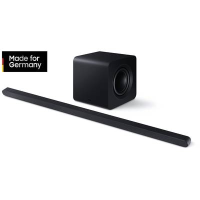 Schwarze Soundbar und Subwoofer mit schlichtem Design. Oben links das Logo 'Made for Germany'.