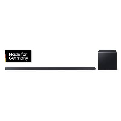 Schwarze Soundbar und Subwoofer mit Text 'Made for Germany' links oben. Audioausrüstung, Fokus auf Klangqualität und Design.