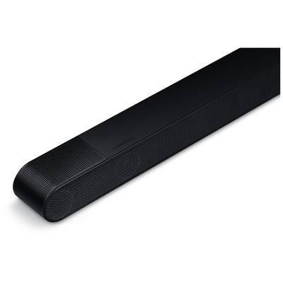 Schwarze Soundbar mit abgerundeten Ecken und feiner Gitterstruktur, die modernes Design und hochwertige Audiotechnik verbindet.