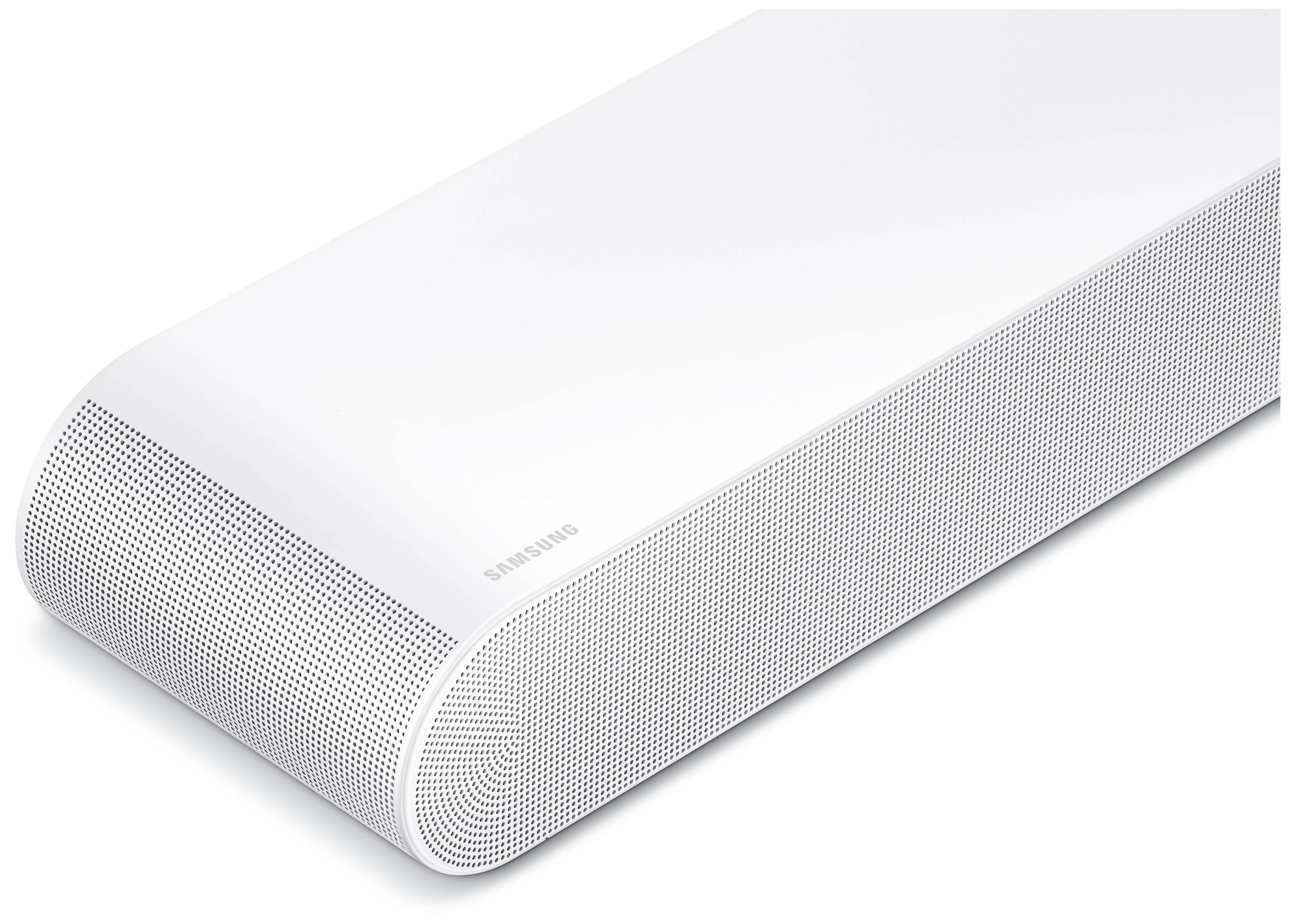 Eine weiße, rechteckige Soundbar mit abgerundeten Kanten und einem Gitter an der Vorderseite. Markenzeichen sichtbar.